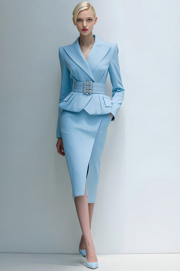 Blue Pencil 2-Piece Peak Lapel Work Suits With Belt